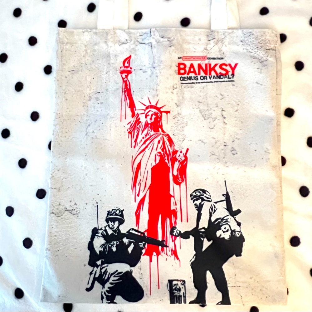 Banksy tote-canvas-from the #GeniusorVandal exhibit in NYC 2021